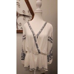 Gauzy Embroidered Poet Top 70s Folk Boho Swing Tunic Blouse Indie Hi-Low
